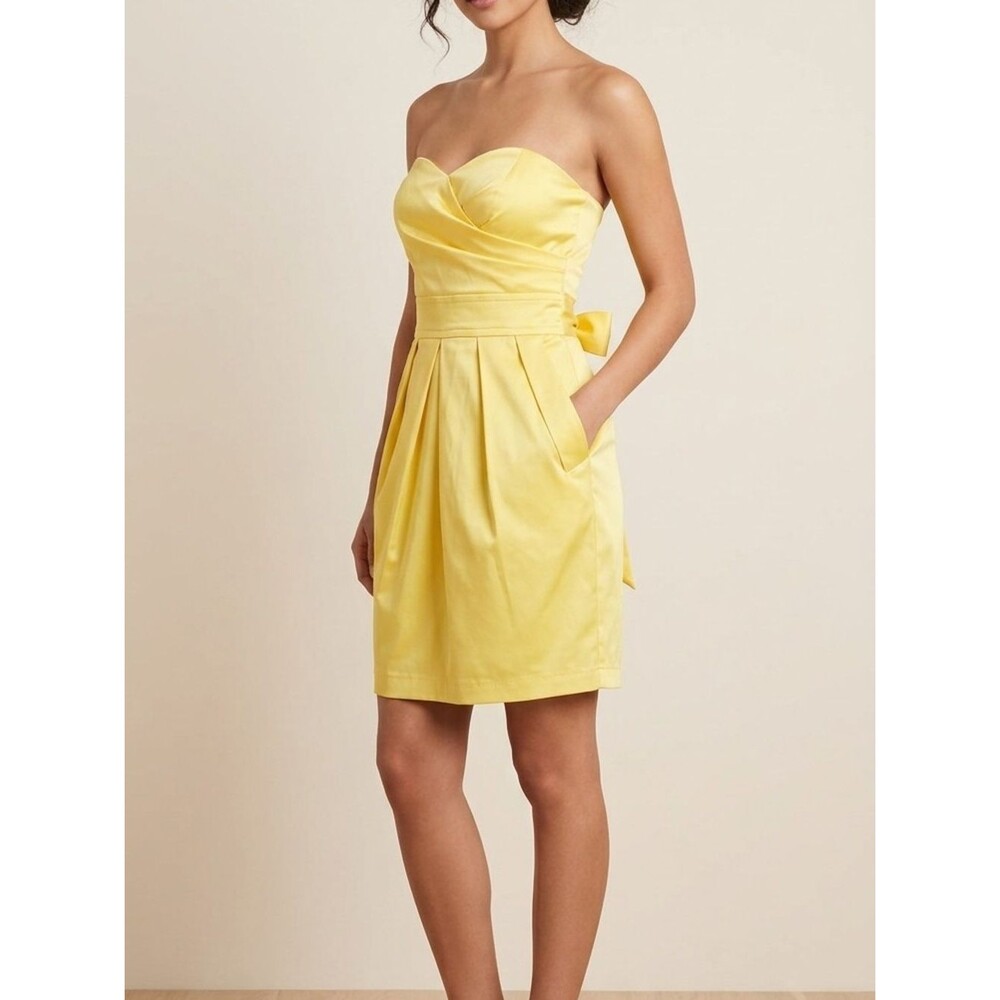 Teeze Me Strapless Satin Dress Size 9 Jr Yellow Sweetheart Neck Pleated Pockets